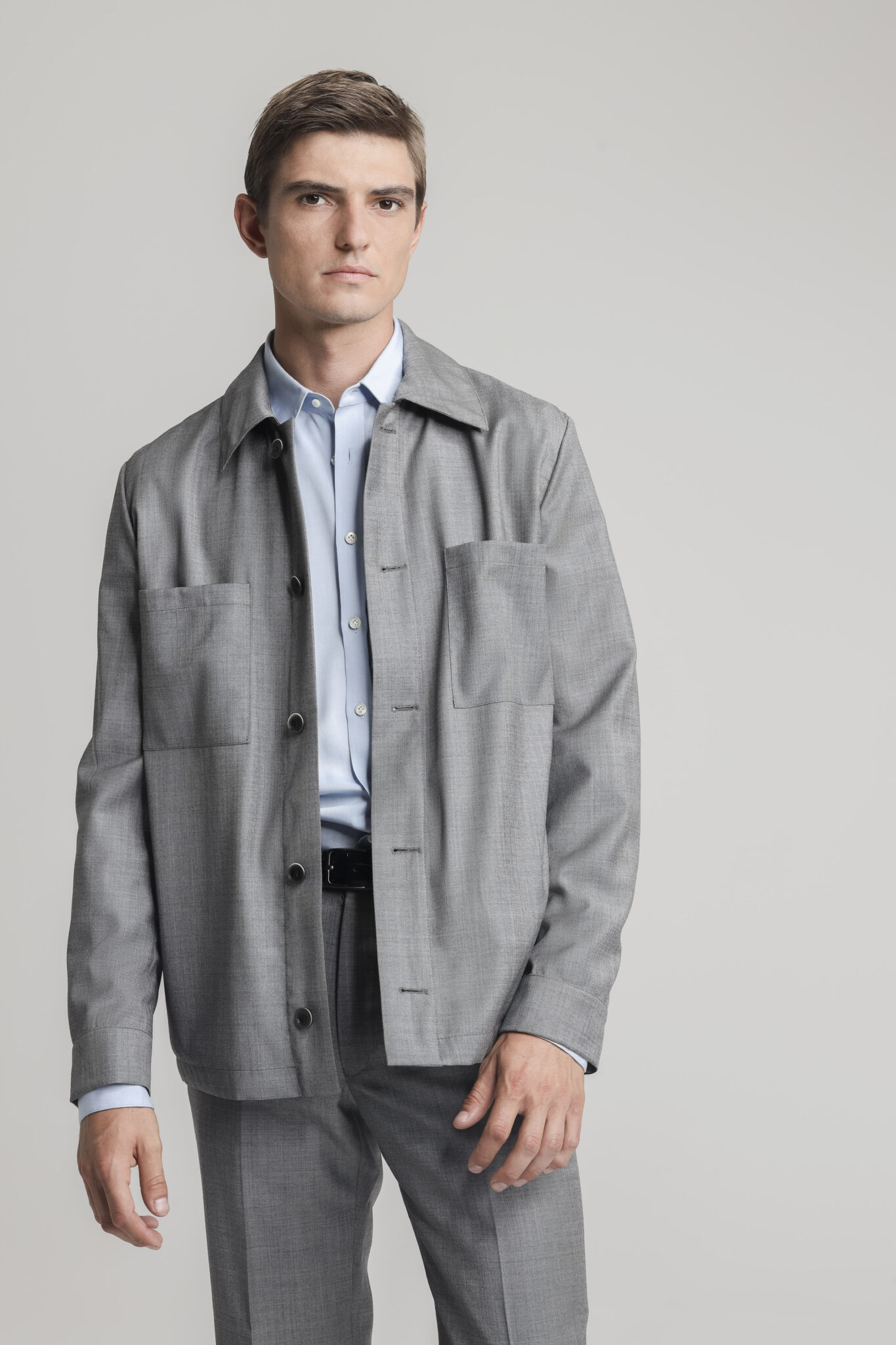 Soft Grey Smooth Utility Shirt and Trousers - One Up | Café Costume