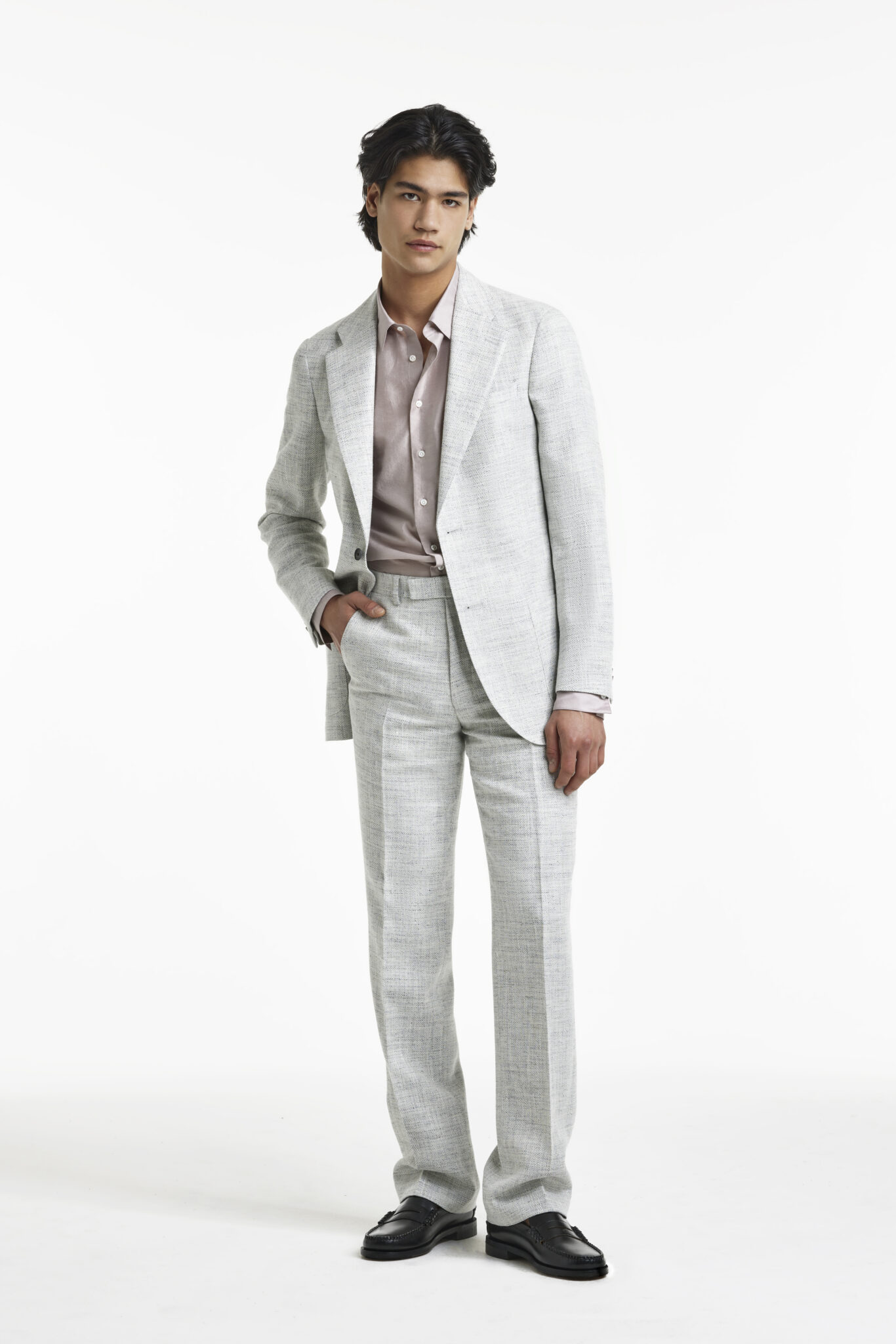 Ash Grey Herringbone-patterned Linen Suit - En Route | Café Costume