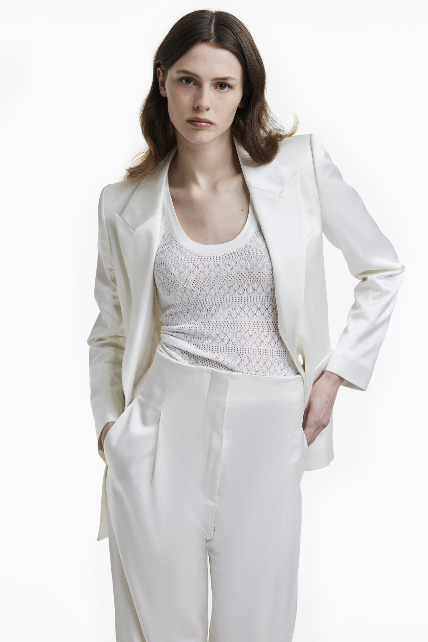 White Satin Suit in Wool with Trousers - Lace & Pearls | Café Costume