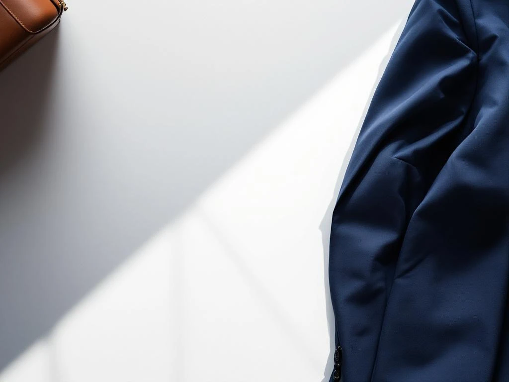 Veste de costume bleu marine pliée sur une surface blanche avec un coin de valise en cuir, vue de dessus pour l'emballage de voyage