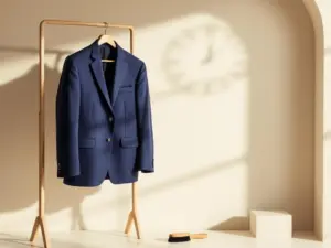 Veste de costume bleu marine sur valet de chambre en bois, avec éclairage latéral mettant en valeur la texture du tissu et les détails de la coupe.