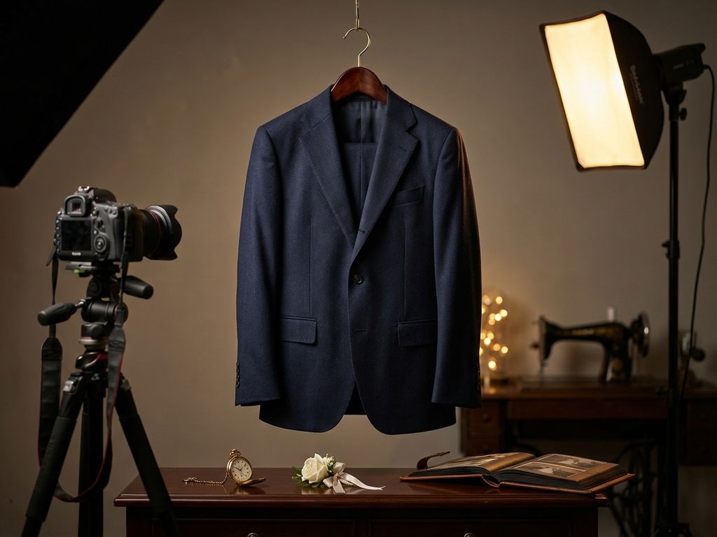 Navy blue wedding suit hanging on wooden hanger in photography studio with professional lighting and camera equipment