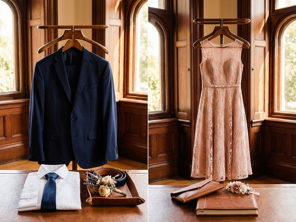 Navy blue suit and blush pink midi dress displayed on wooden hangers for elegant registry office wedding attire
