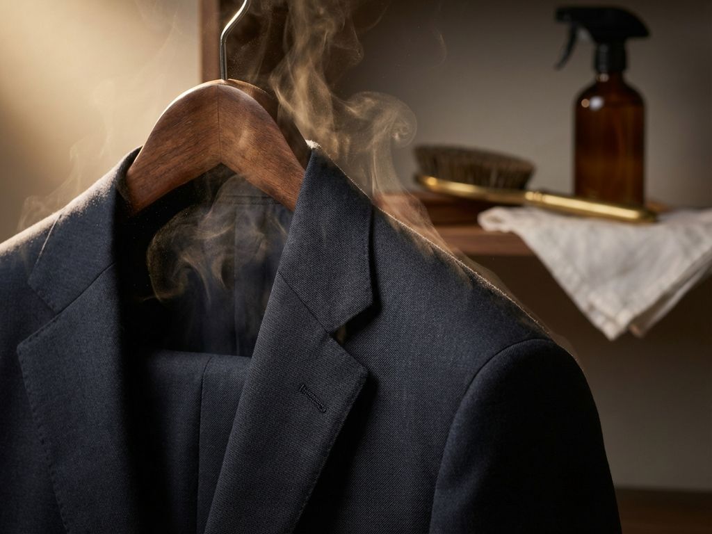 Navy blue suit jacket on wooden hanger with visible odor wisps, dramatic lighting highlighting fabric texture and weave