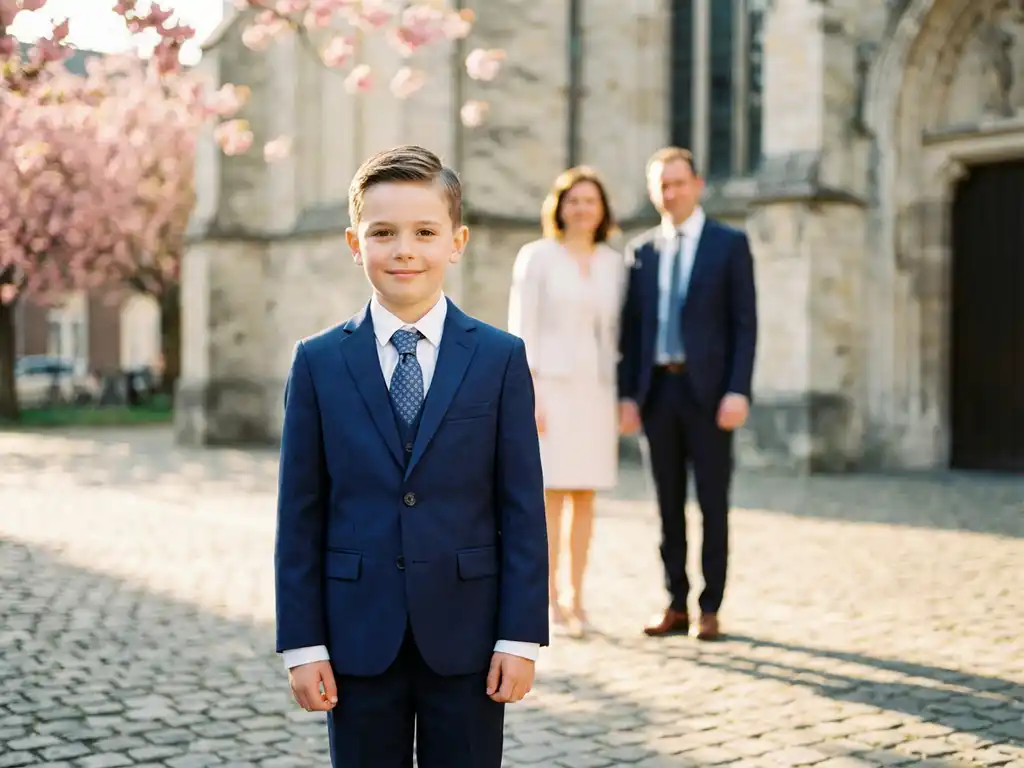 Jongen in marineblauwe communiepak staat zelfverzekerd op Belgische kerkplein met ouders op achtergrond, kersenbloesem bokeh