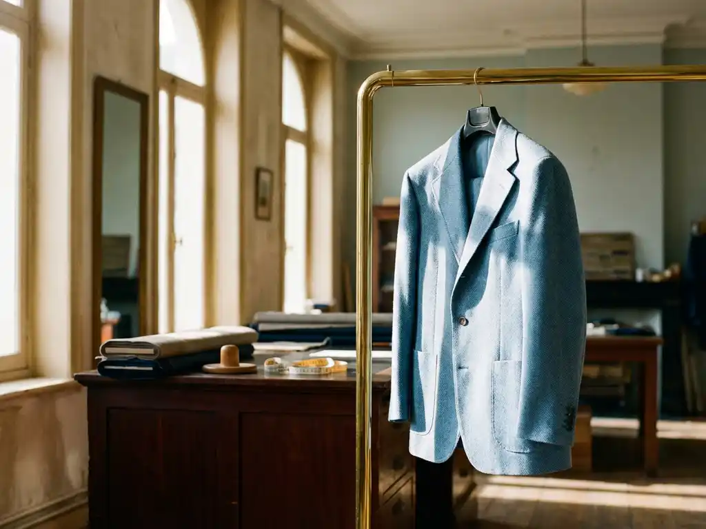 Lichtblauwe maatpak jasje hangt aan messing kledingrek in Belgisch atelier met natuurlijk licht en werkbank op achtergrond
