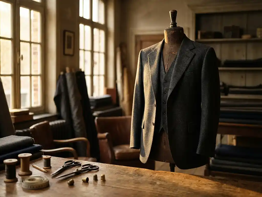 Antracietkleurig driedelig maatpak op houten etalagepop in Belgisch atelier met kleermakerswerktuigen en warme raamverlichting