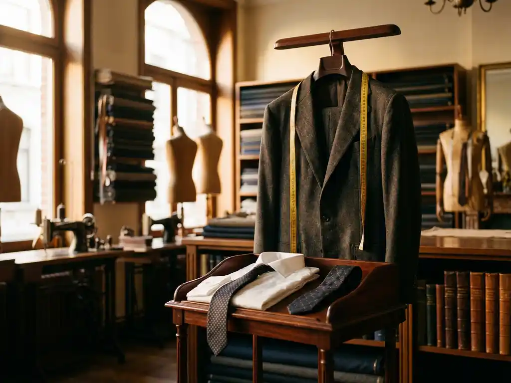 Donkergrijs maatpak op mahonie kledingstandaard in Belgisch atelier met meetlint over schouder, warm licht door ramen