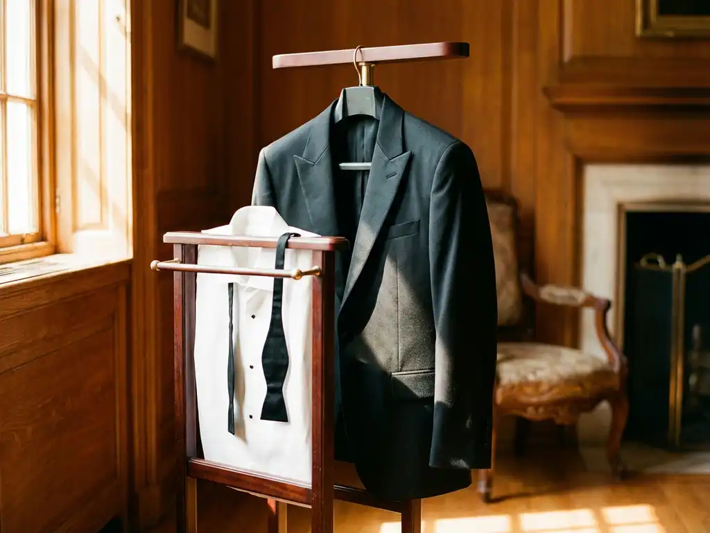 Zwart smoking jasje op houten kledingstandaard met wit overhemd en vlinderdas in warm gouden licht