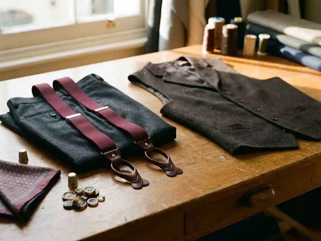 Bordeauxrode bretels geklemd aan antracietgrijze pantalon, naast een open wollen gilet op een eikenhouten kleermakerstafel met pochet en hoornen knopen.