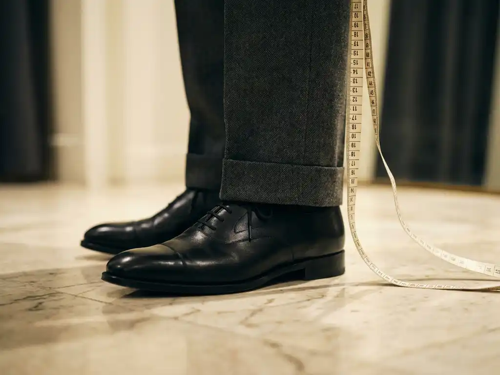 Zoom op perfect omgeslagen charcoal wollen bruidspakbroek boven gepolijste oxford schoenen, met kleermakersmeetlint op marmeren vloer.