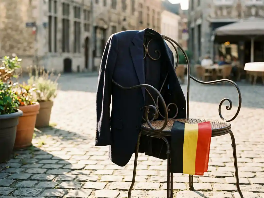 Marineblauw maatpak jasje over sierlijk smeedijzeren stoel op Belgisch terras, met driekleurig pochet in gouden middaglicht.
