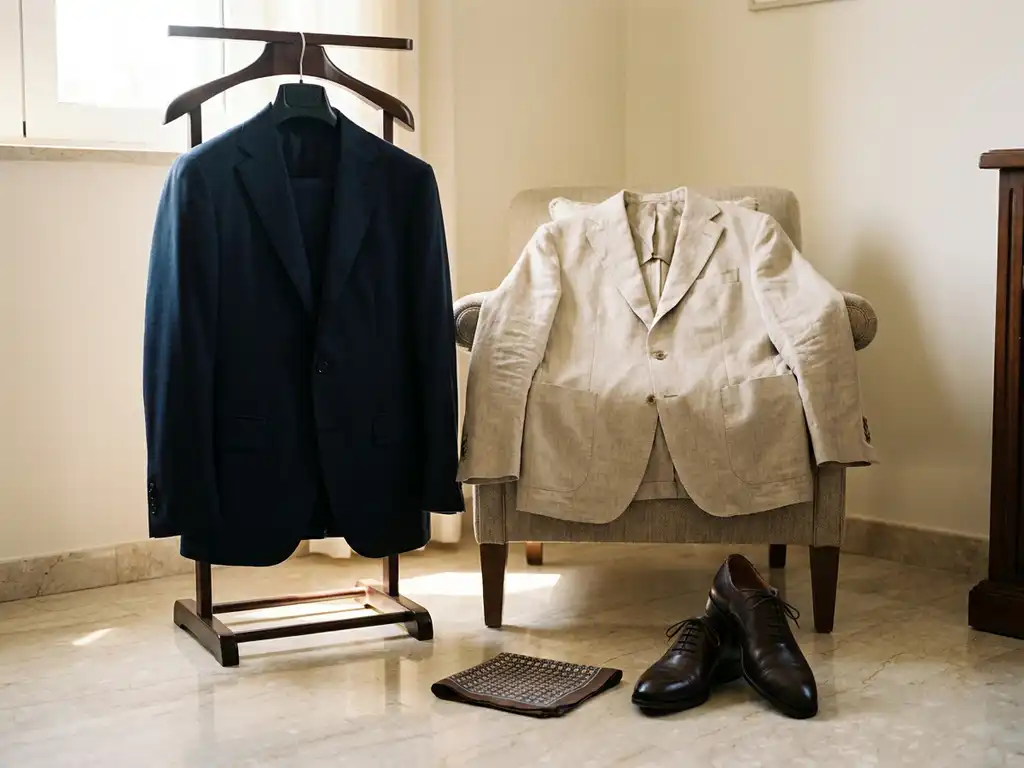 Une veste de costume bleu marine posée sur un porte-vêtements en bois, à côté d'un blazer décontracté, avec une pochette en soie et des chaussures Oxford cirées, le tout sur un fond en marbre.