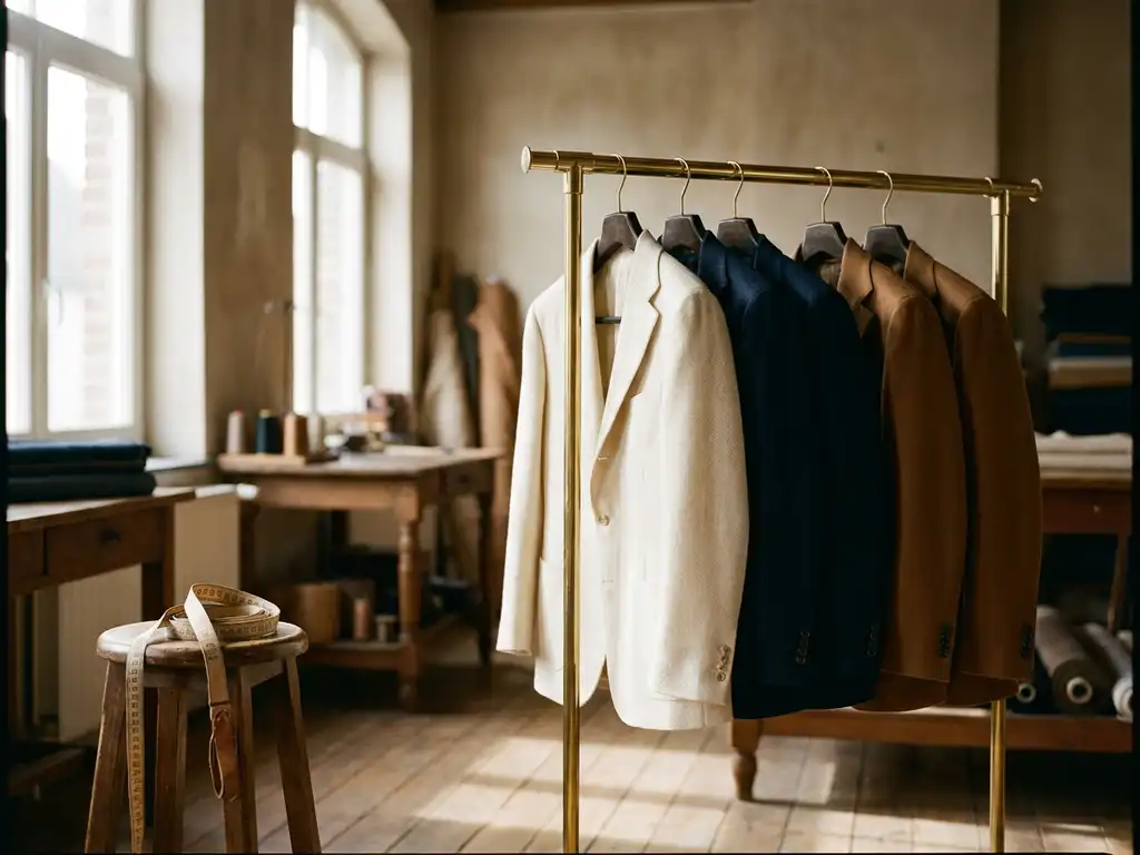 Wollen kostuumjasjes in ivoor, marineblauw en caramel op een messing rek in een Belgisch atelier, met meetlint en zacht natuurlijk licht.