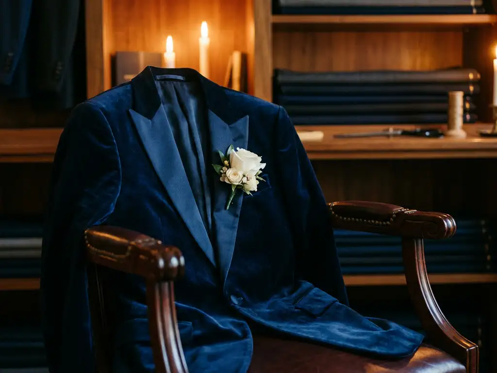 Midnight-blauwe fluwelen smokingjasje op mahonie kleermakersstoel met wit boutonniè re op revers, verlicht door kaarslicht.