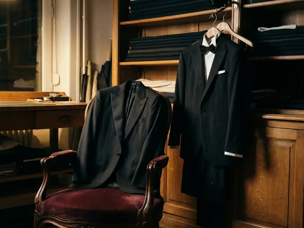 Midnight zwart dinnerjacket op fluwelen stoel naast klassiek zwart tuxedo, satijnen revers en wit pochet in Belgisch atelier.