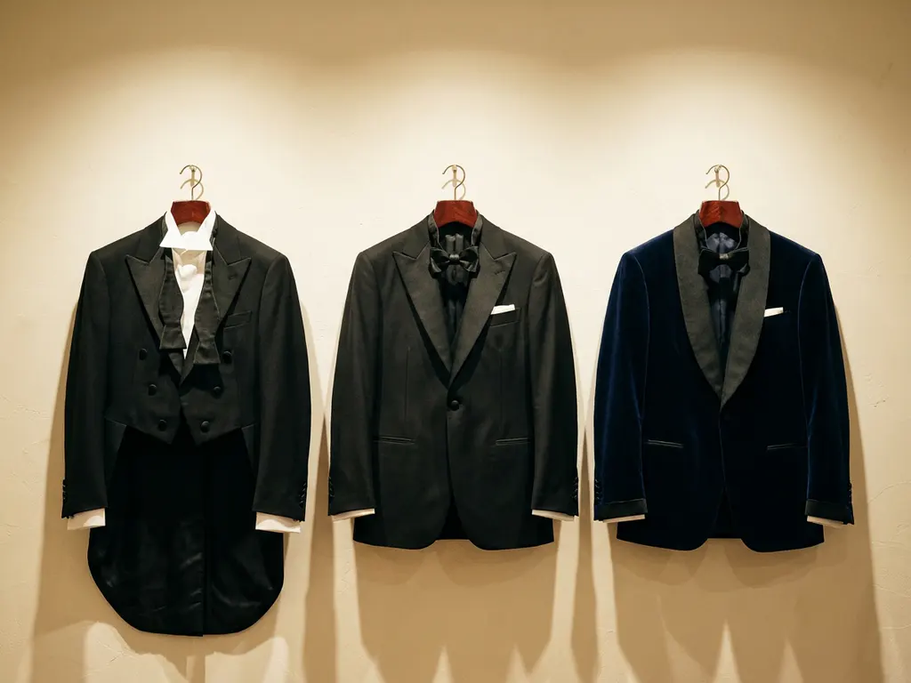 Wit rokkostuum, zwart tuxedo en middernachtblauw dinnerjacket op mahonie hangers tegen ivoren muur, met pochets en strikdassen.