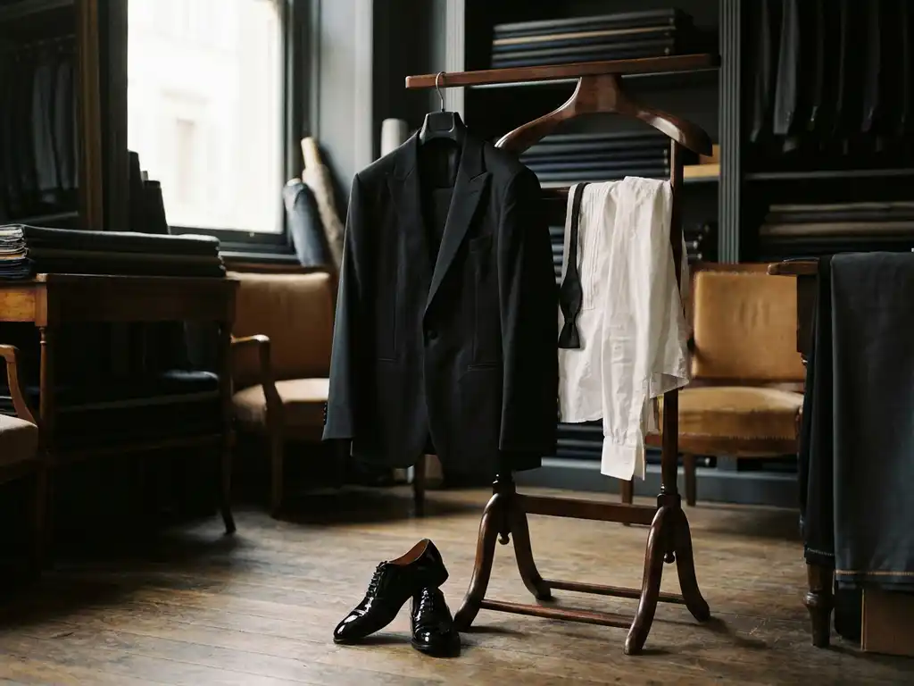 Veste de smoking noire posée sur un porte-vêtements en bois, avec une chemise blanche, un nœud papillon lâche et, en dessous, une chaussure oxford en cuir verni légèrement décalée.