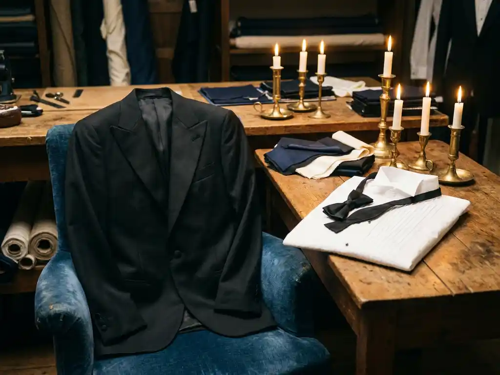 Une veste de smoking en laine noire posée sur un fauteuil en velours dans un atelier belge, avec une chemise blanche et un nœud papillon en soie, à la lueur des bougies.