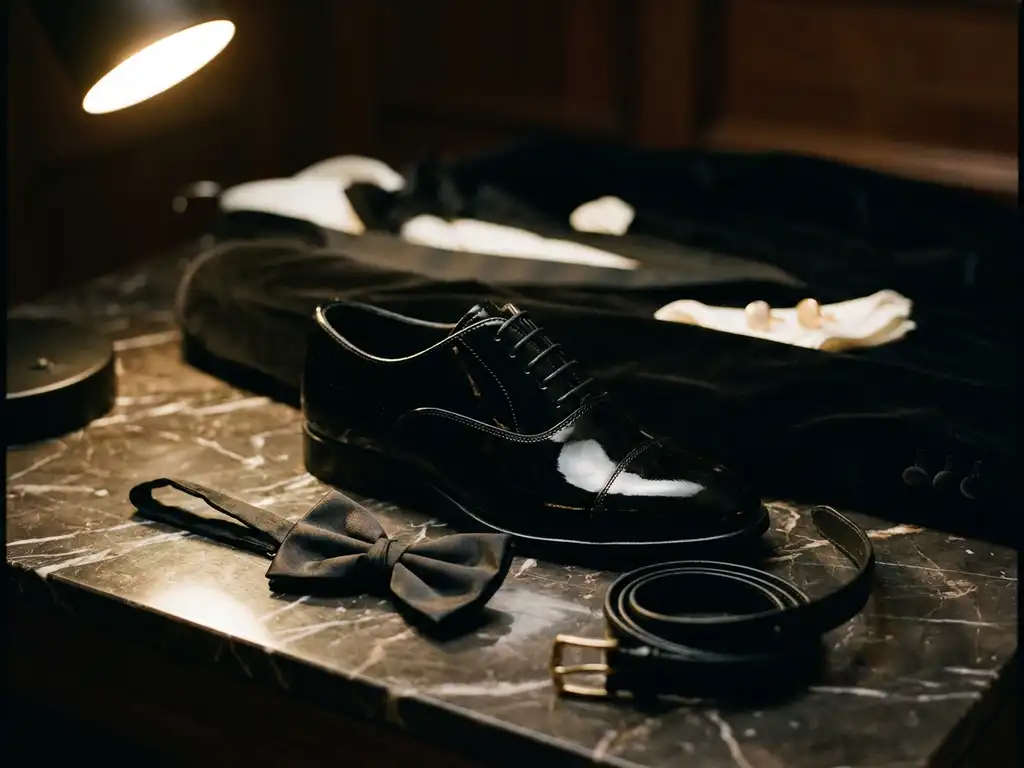 Chaussure Oxford noire brillante posée sur du marbre foncé, avec un nœud papillon en soie et une ceinture en cuir, sur fond de tissu de smoking en velours.