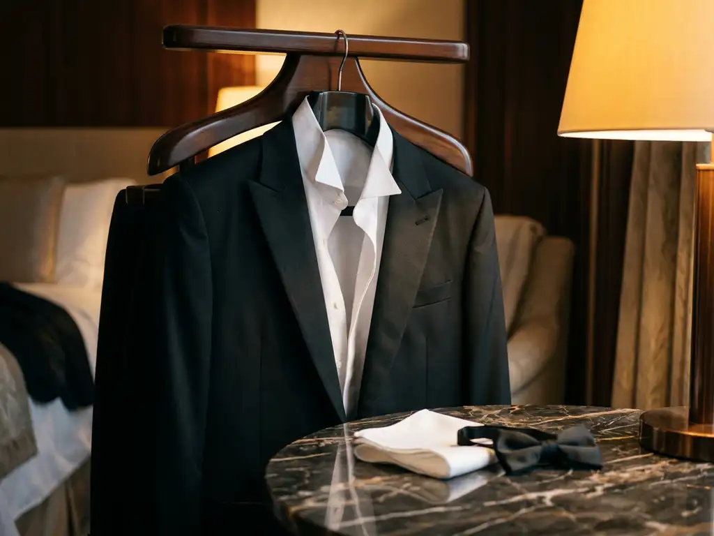 Veste de smoking noire posée sur un porte-vêtements en bois, accompagnée d'une chemise blanche, d'un nœud papillon et d'une pochette, le tout posé sur une surface en marbre foncé.