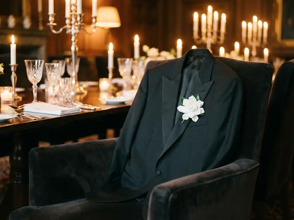 Zwart smoking jasje met witte boutonnière op fluwelen stoel in kaarslicht diner zaal, zilver bestek en kristal op de achtergrond.