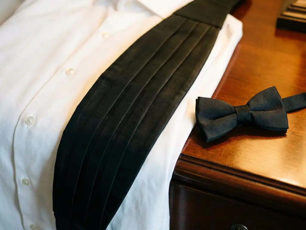 Zwarte zijden cummerbund en grosgrain vlinderdas op mahoniehout naast wit overhemd met parelmoer knopen.