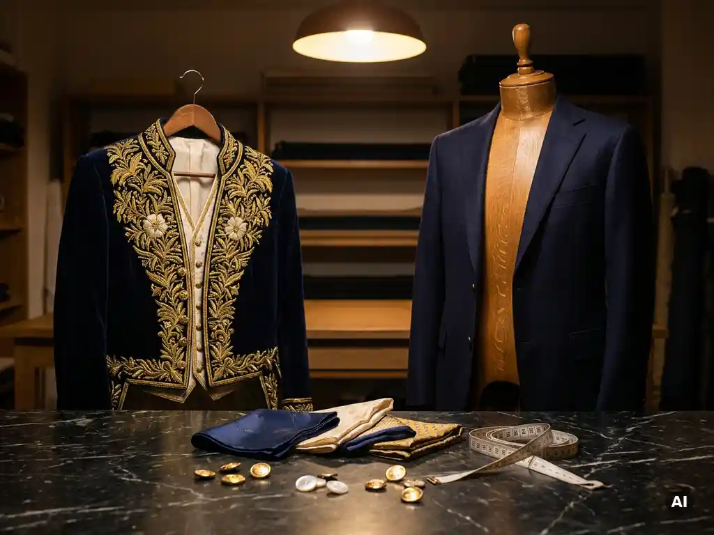 Une veste de cérémonie brodée à côté d'un blazer en laine bleu marine, posée sur un mannequin de tailleur en chêne, avec des boutons, une pochette en soie et un mètre ruban posés sur du marbre foncé.