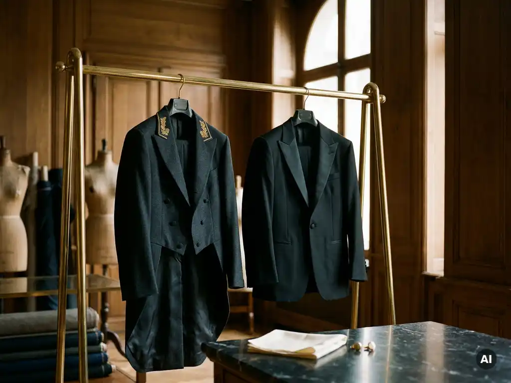 Un jacquet de cérémonie et une veste de smoking noire, côte à côte sur un portant en laiton dans un atelier belge, avec une pochette et des boutons de manchette posés sur un socle en marbre.