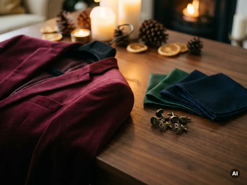 Costume de cérémonie pour homme bordeaux, présenté sur un cintre en velours, avec des pochettes vertes et bleu marine et des boutons de manchette en laiton, à la lueur des bougies.
