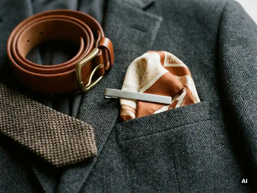 Flatlay van herenaccessoires: zilveren dasspeld, cognackleurig leren riem, zijden pochet en wollen das op een antraciet visgraatpantalon.