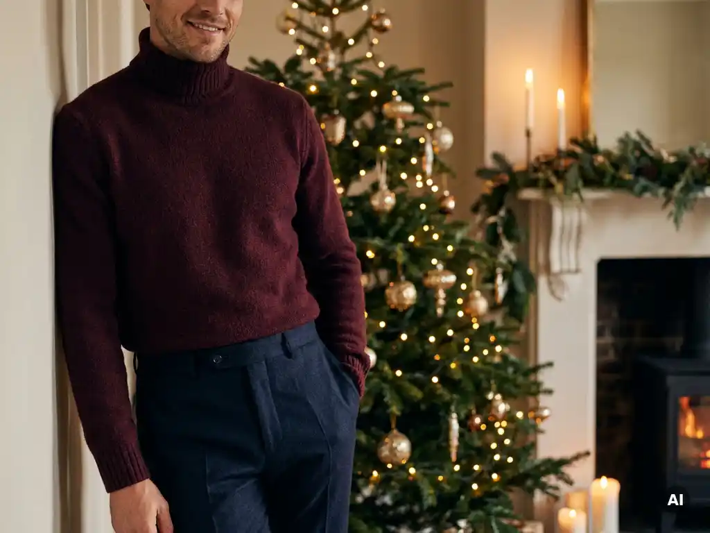 Man in bordeauxrode coltrui en donkerblauwe broek naast versierde kerstboom met gouden ornamenten en kaarslicht.