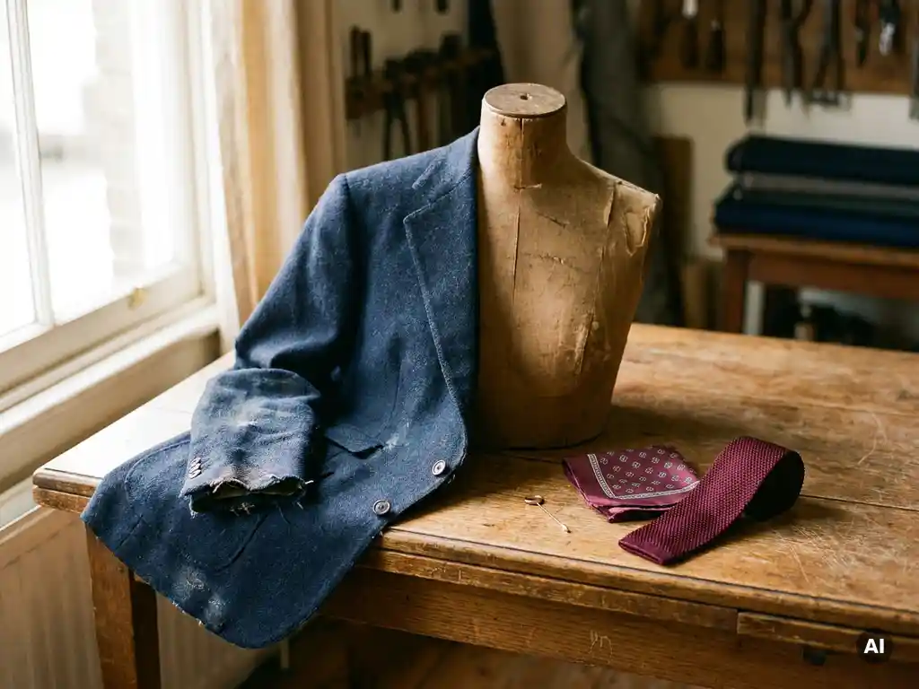 Klassiek marineblauw colbert op kleermakersetalagepop met moderne accessoires: revers pin, pochet en bordeauxrode stropdas op eiken tafel.