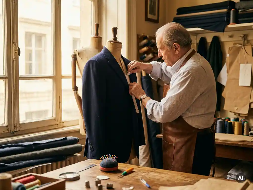 Kleermaker markeert krijtlijnen op marineblauw wollen colbert op paspop, met speldenkussen en naadopener op houten tafel in warm atelier.