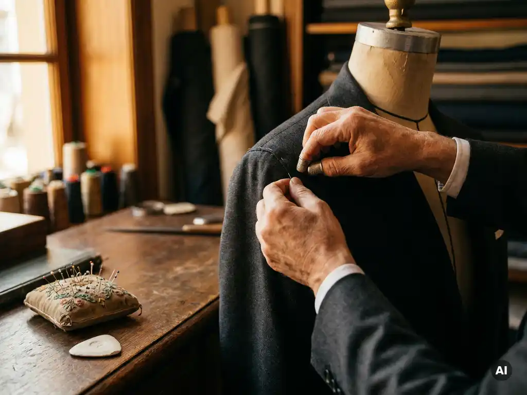 Kleermaker past schoudernaad van een antraciet wollen colbert op een paspop, met speldenkussen en kleermakerkrijt op een eikenhouten tafel.