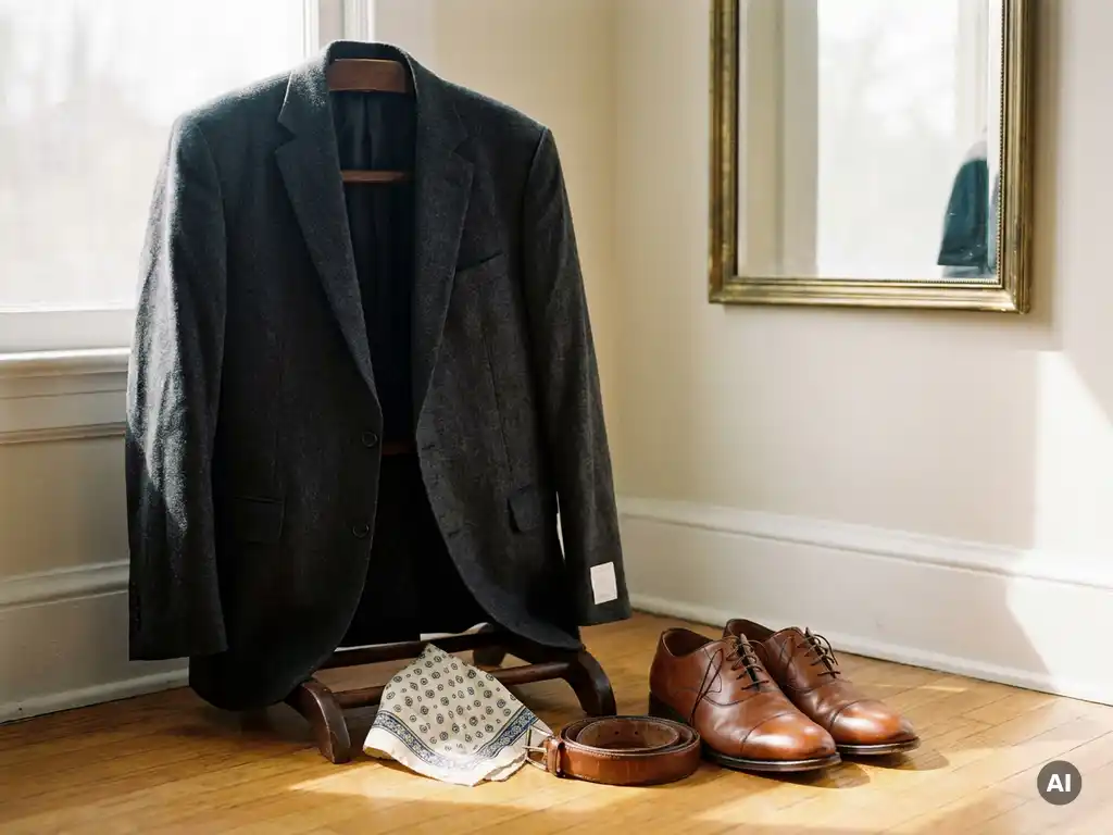 Veste de costume anthracite empruntée, suspendue à un cintre en bois, avec une pochette en soie, une ceinture en cuir et des chaussures Oxford marron cirées, posée sur un parquet en chêne.