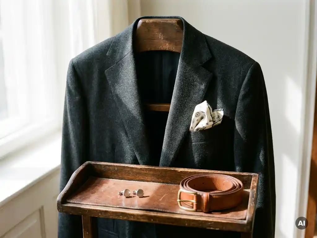 Houtskoolgrijs colbertjasje op een houten valetstandaard met zijden pochet, manchetknopen en cognackleurige leren riem in warm atelierli­cht.