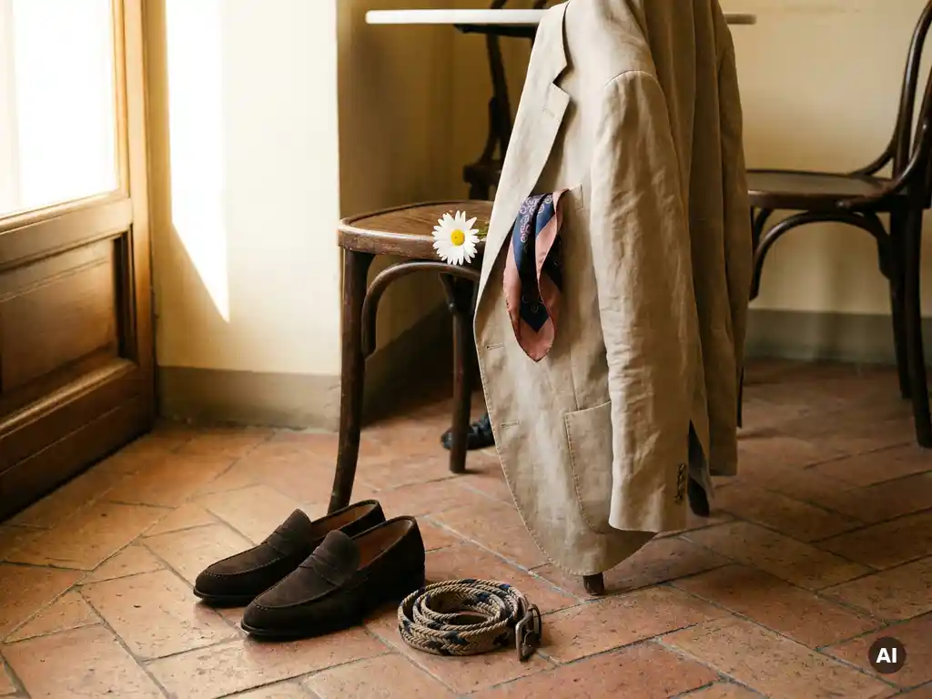 Une petite veste d'été en lin posée sur une chaise de café en bois courbé, avec des mocassins en daim, une ceinture en cuir tressé et une pâquerette blanche sur des dalles de terre cuite chaudes.