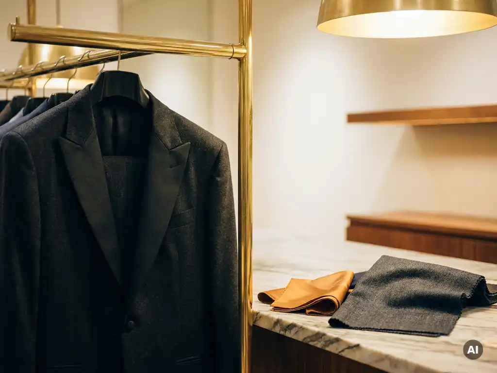 Veste de smoking sur mesure, présentée sur un porte-veste en laiton avec une pochette pliée et un échantillon de tissus de luxe posé sur un socle en marbre.