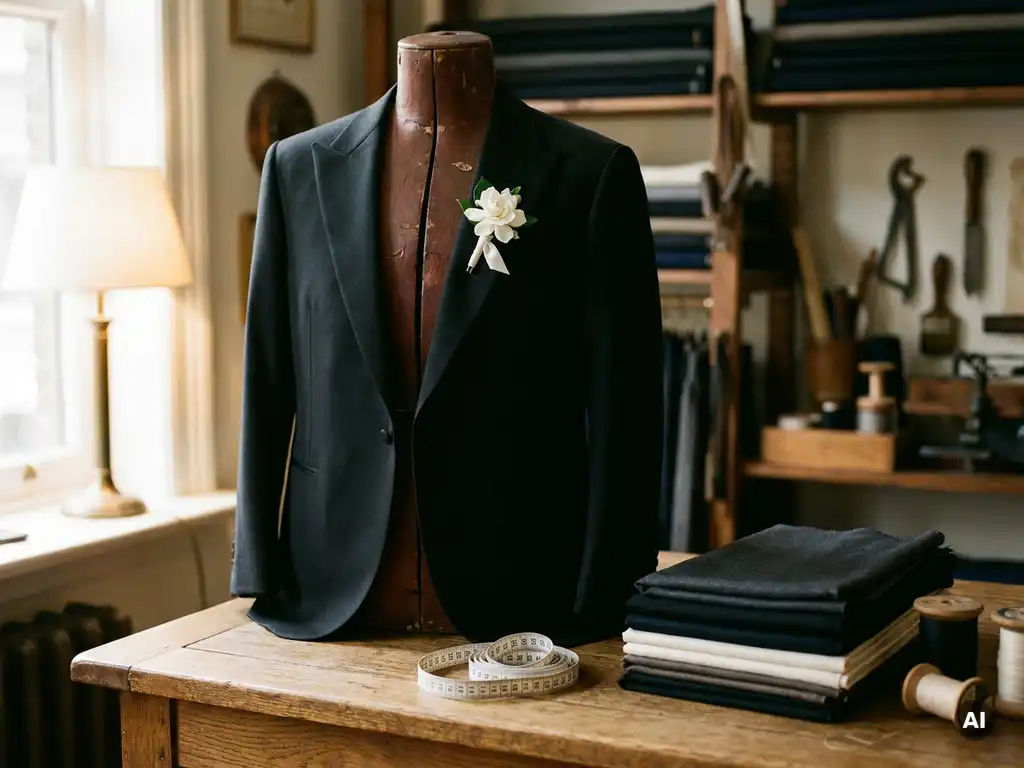 Veste de costume noire sur un mannequin en bois, ornée d'une boutonnière blanche, entourée de tissus et d'un mètre ruban sur un fond en chêne.