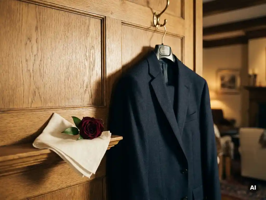 Donkerblauwe blazer op messing haak naast gevouwen ivoren pochette en bordeauxrode boutonnière op eiken ondergrond, warm avondlicht.
