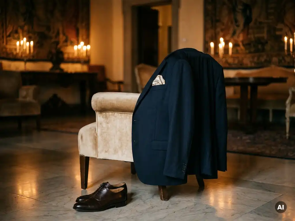 Une veste de costume bleu marine posée sur une chaise en velours dans un élégant hall d’accueil, avec une pochette en soie et des chaussures Oxford cirées, à la lueur chaleureuse des bougies.
