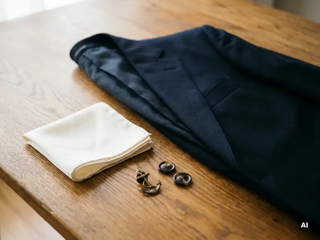 Marineblauw maatpak jasje op eiken ondergrond met ivoren pochette, revers pin en hoornen knopen.