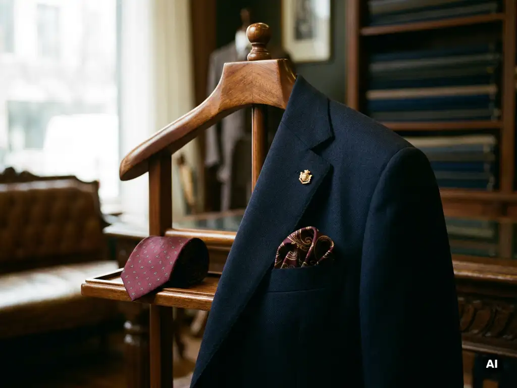 Marineblauw wollen colbert op houten valetstandaard, gestileerd met zijden pochet, revers pin en bordeauxrode stropdas in warm boetieклicht.