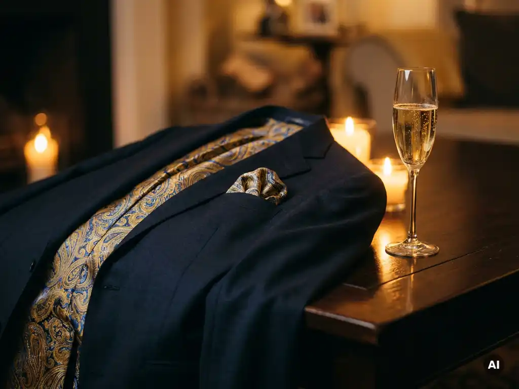 Marineblauw zakelijk colbert met zijden voering, pochet en champagneglas in kaarslicht op gepolijst oppervlak.