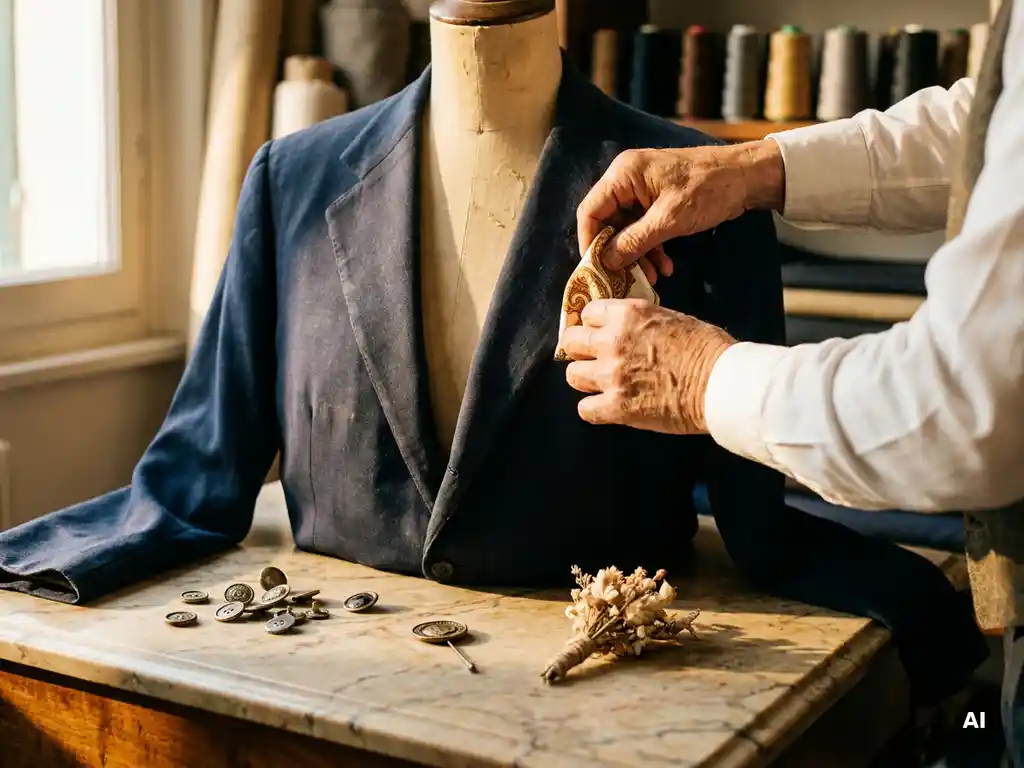 Handen die een zijden pochet vouwen in het borstzakje van een versleten marineblauw colbert op een paspop, met knopen en een boutonnière op marmeren ondergrond.