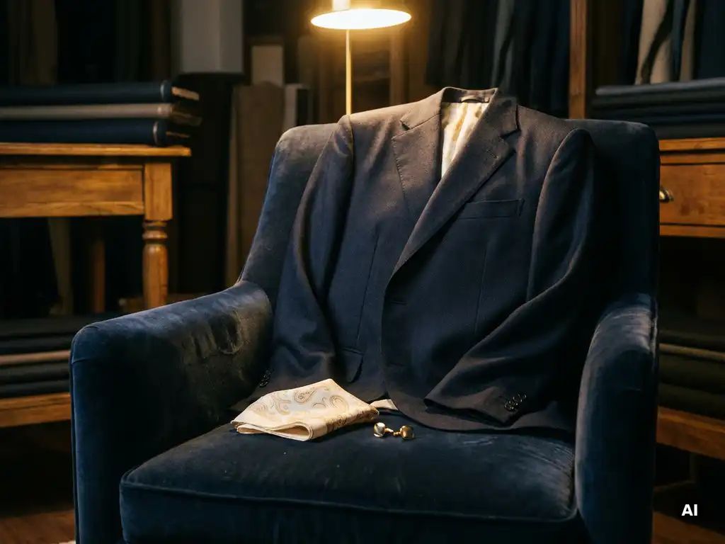 Une veste de costume bleu marine posée sur une chaise en velours, accompagnée d’une pochette en soie et de boutons de manchette, le tout mis en valeur par un éclairage chaleureux.