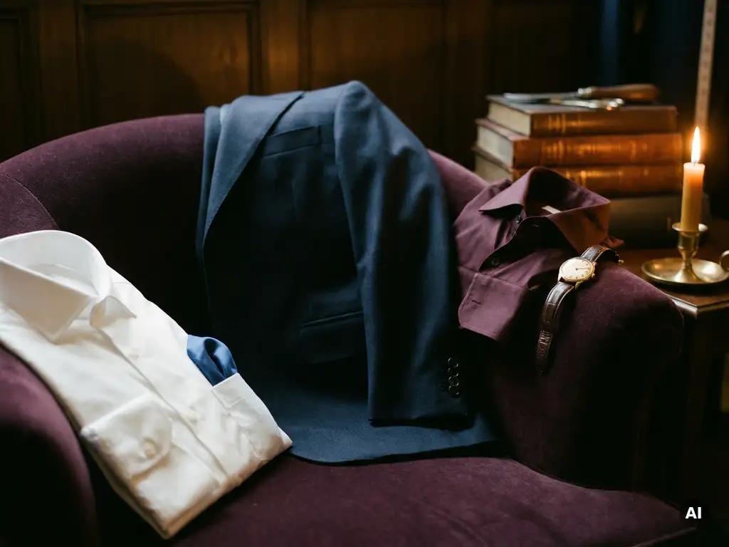 Donker marineblauw maatpak over fluwelen stoel, gestyled met wit overhemd én bordeauxrood zijden shirt, verlicht door warm kaarslicht.