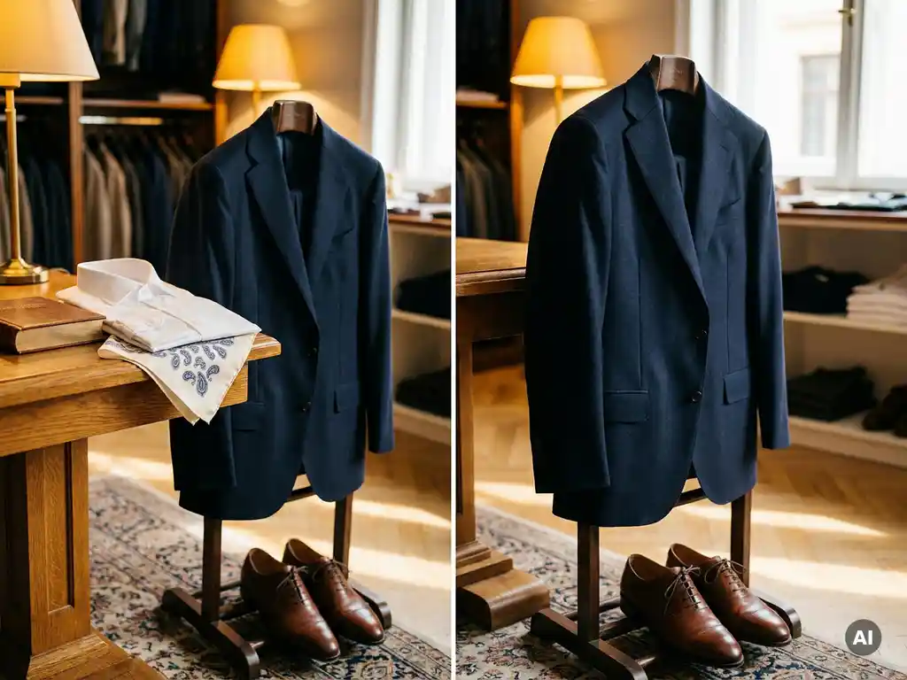 Marineblauw maatpak jasje op houten valetstandaard met wit overhemd, zijden pochet en Oxford schoenen in warm boetieklight.