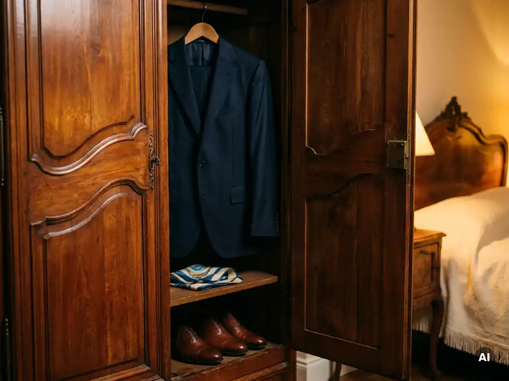 Un costume bleu foncé suspendu à un cintre en bois dans une armoire ouverte, accompagné d’une pochette en soie et de chaussures Oxford cirées, éclairé par la lueur dorée et chaleureuse d’une lampe.
